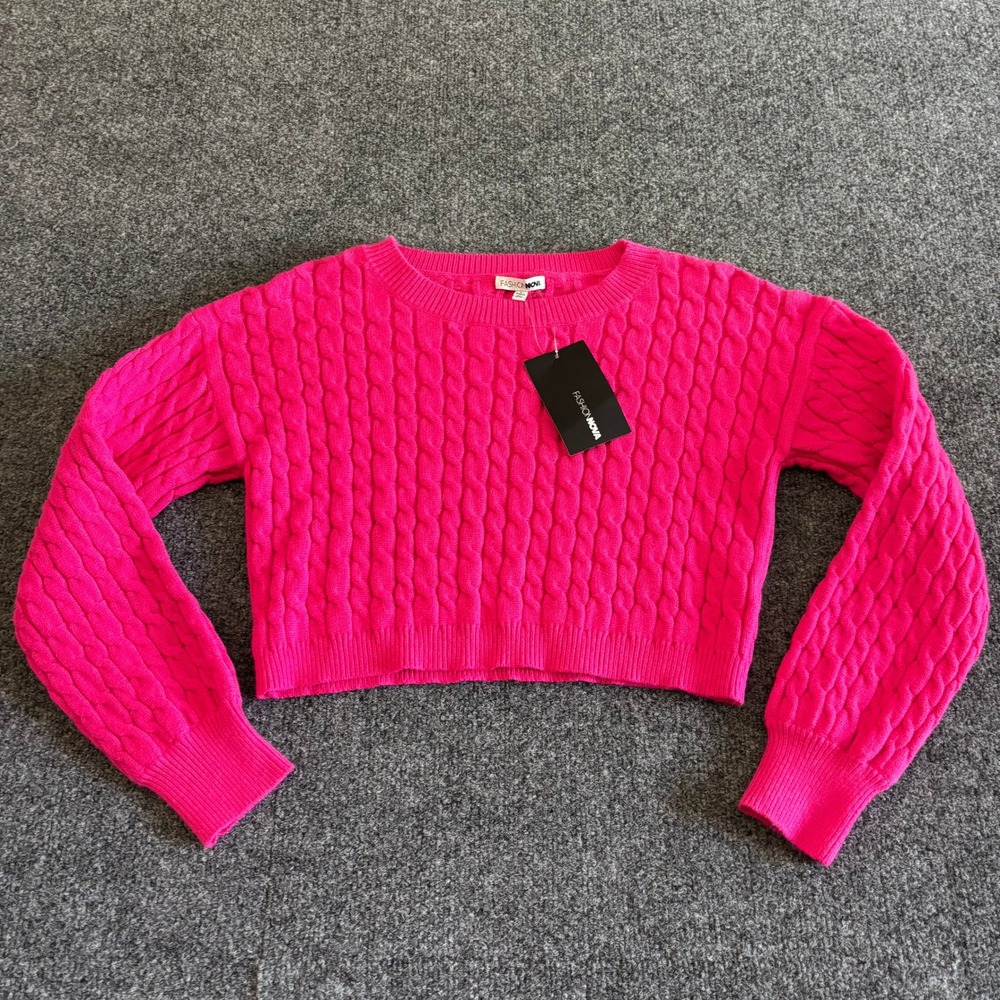 Fashion Nova Women Large Neon Pink Cable Knit Cropped Sweater Sweetie Top NWT